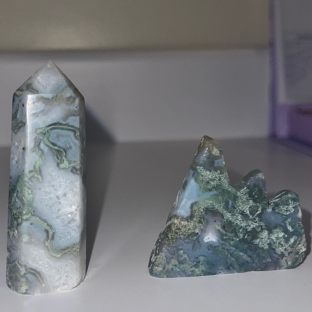 Green Moss Agate in Quartz Crystal Glistening Tower & Mountain SET 🤍
